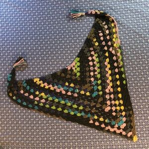 Crocheted neck scarf; handmade. Grey, teal, pink, beige, brown, yellow.